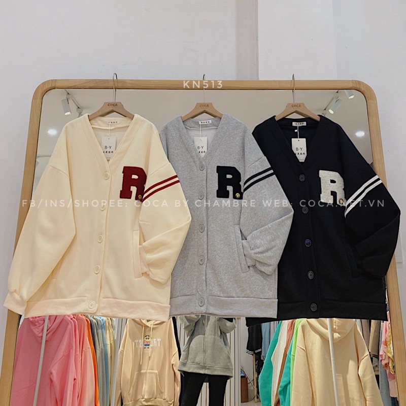 [KN513]🎯 Áo khoác nỉ bông dày chữ R thêu xù sọc tay form rộng unisex (Có sẵn/ảnh thật) | BigBuy360 - bigbuy360.vn