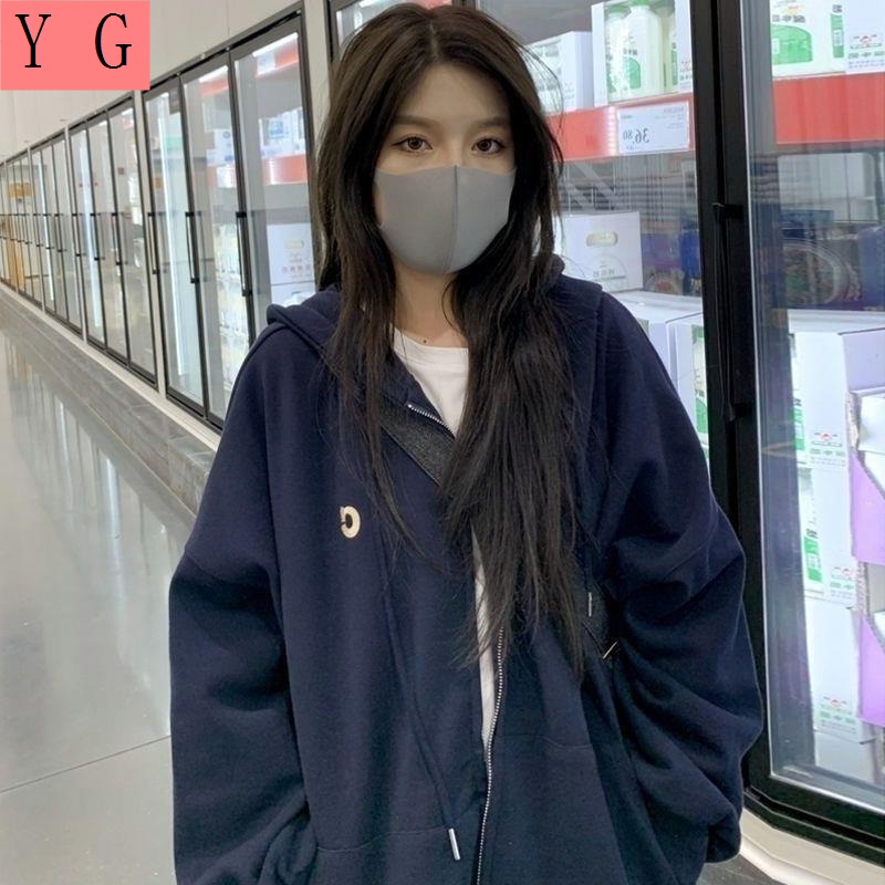Áo khoác  hoodie zip áo hoodie nữ Áo Khoác Nỉ Dày Dặn Màu Xanh Navy Thêu Chữ Có Khóa Kéo Phong Cách Mới