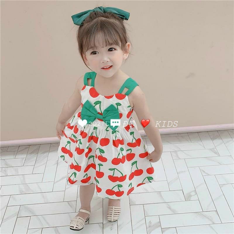 Váy/ Đầm Nơ Ngực họa tiết Chery cho bé gái size 8 -20 kg