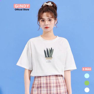 Áo thun nữ tay lỡ unisex form rộng cổ tròn GINDY in hình dáng basic chất cotton co giãn, thoáng mát A042