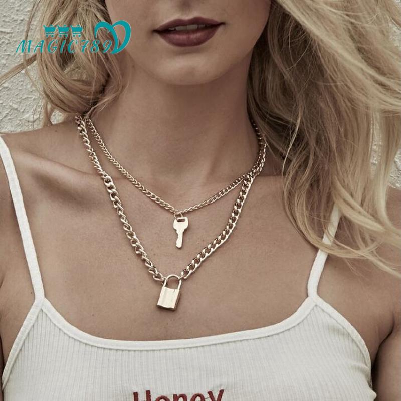 Dây chuyền 2 lớp hình ổ khóa + chìa khóa màu vàng kiểu sợi xích thời trang