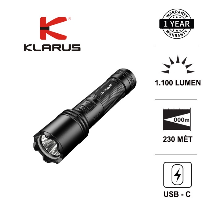Đèn pin đèn sạc KLARUS A1 sáng 1100 lumen xa 230m sạc Type-C pin 18650 2600mAh kèm theo