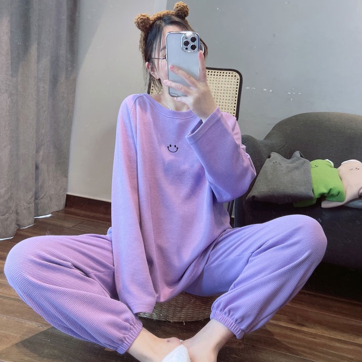 Set bộ tổ ong, set áo sweater Măt Cười cổ tròn phom rộng phối quần dài jogger ống đứng freesize hàn quốc mặc nhà C1108