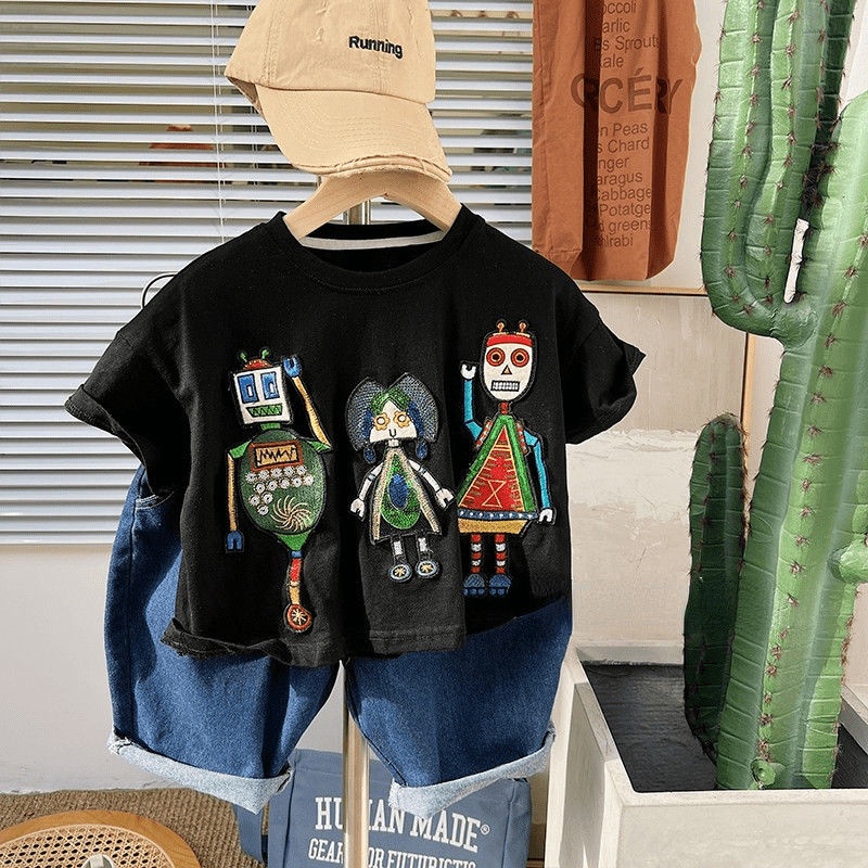 Áo Thun Cotton Trơn Tay Ngắn In Chữ Thoải Mái Thời Trang Mùa Hè Cho Bé Trai Và Gái