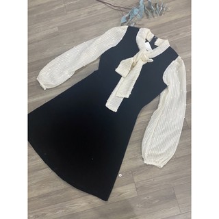 Váy nhung tay sơ mi cổ nơ
