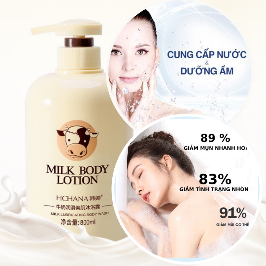 Sữa tắm Milk Body Botion Hchana chiết xuất Protein từ sữa thủy phân dưỡng ẩm thơm mát từ sữa bò 800ml