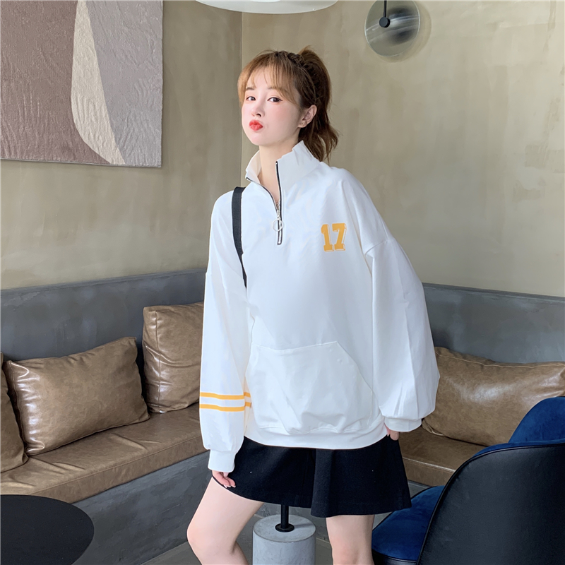 SUXI Áo Sweater Tay Dài Cổ Đứng Khóa Kéo In Họa Tiết Kỹ Thuật Số Cho Nữ