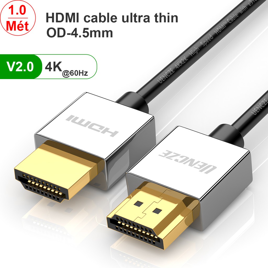 Cáp HDMI V2.0 cho TV 4K60Hz HDR 18Gbps ultra slim OD-4.5mm ngắn 1 mét UENCZE Z880310HD