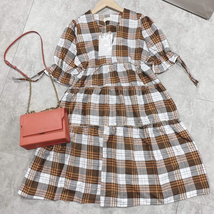 Váy babydoll caro nâu cổ V dáng xoè tiểu thư AH34 | BigBuy360 - bigbuy360.vn