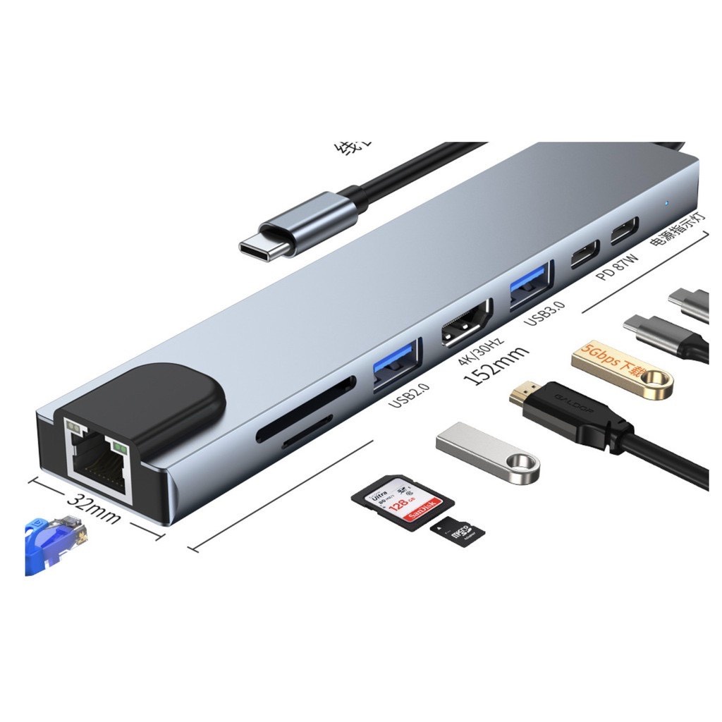 Cáp, hub chuyển đổi macbook - surface - laptop: typec sang hdmi + usb + thẻ nhớ sd + pd sạc 4in1, 6in1, 8in1