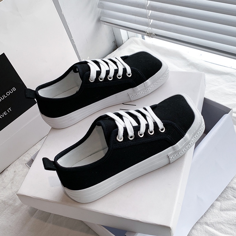 Giày Thể Thao Vải Bạt Mũi Vuông Thắt Dây Thời Trang Hàn Quốc Mới 2022