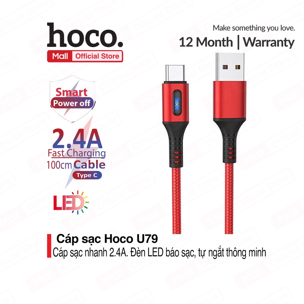 Cáp sạc nhanh và truyền dữ liệu Type C Hoco U79, hỗ trợ sạc nhanh 3A,tự ngắt sạc khi đầy pin, tích hợp đèn báo sạc