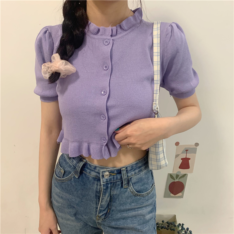 Phụ Nữ Mùa Hè Dệt Kim Ngắn Tay Màu Kẹo Hàn Quốc Crop Top