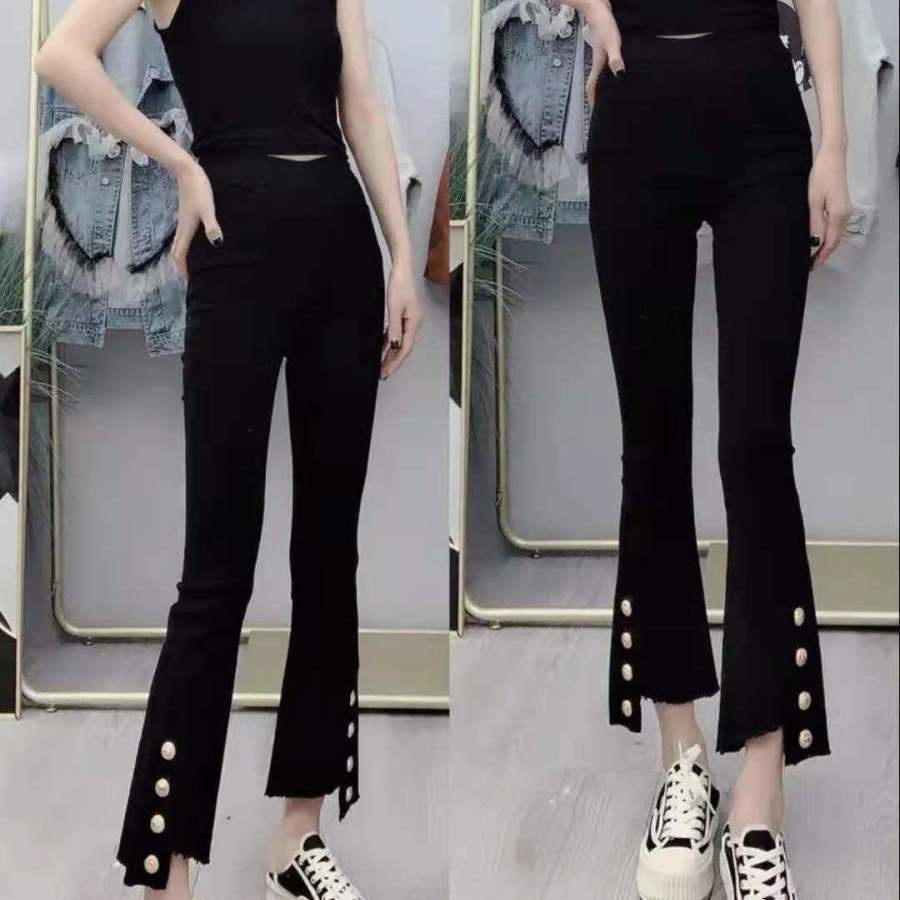 Quần lưng co giãn dáng ôm phối bốn nút gài kiểu xẻ tà không đồng đều thời trang mùa thu phong cách Hàn Quốc