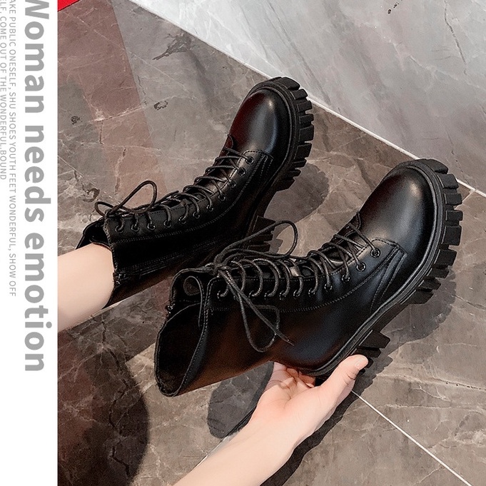 Giày Bốt da Martin cao gót đế vuông, Giầy boots cổ cao thời trang ulzzang Hàn Quốc 6cm tăng chiều cao Full Box