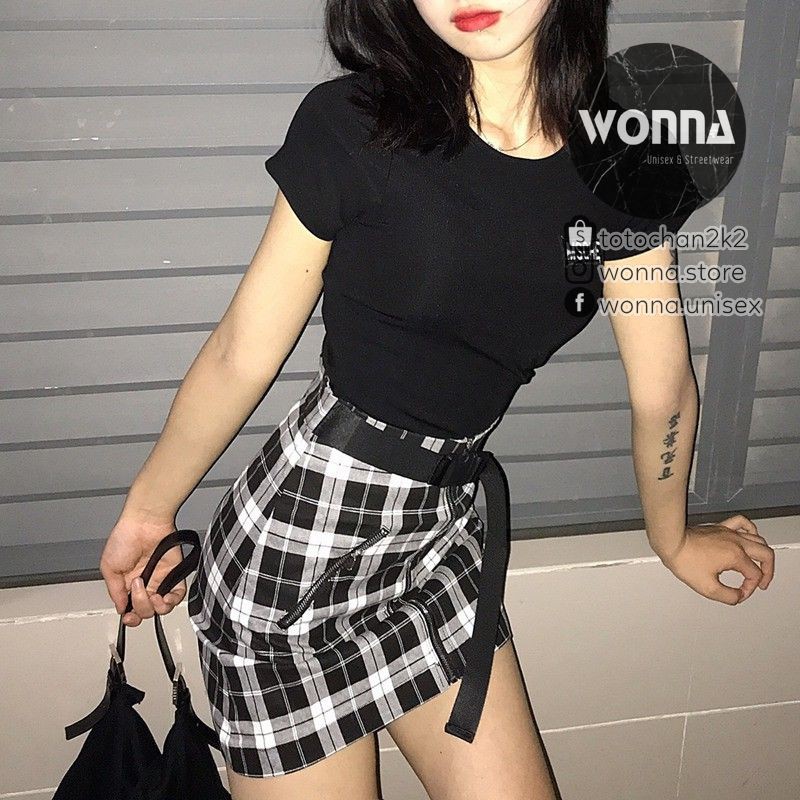 [CÓ SẴN] Chân váy ôm caro kèm belt + zipper khóa kéo checkerboard cá tính unisex ulzzang street style