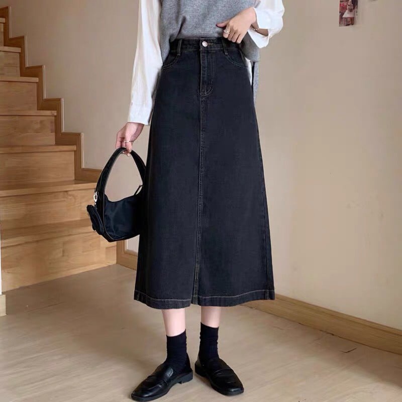 Chân Váy Jean Cạp Cao  Dài Qua Gối,Xẻ Sau,Váy Dáng A_A1