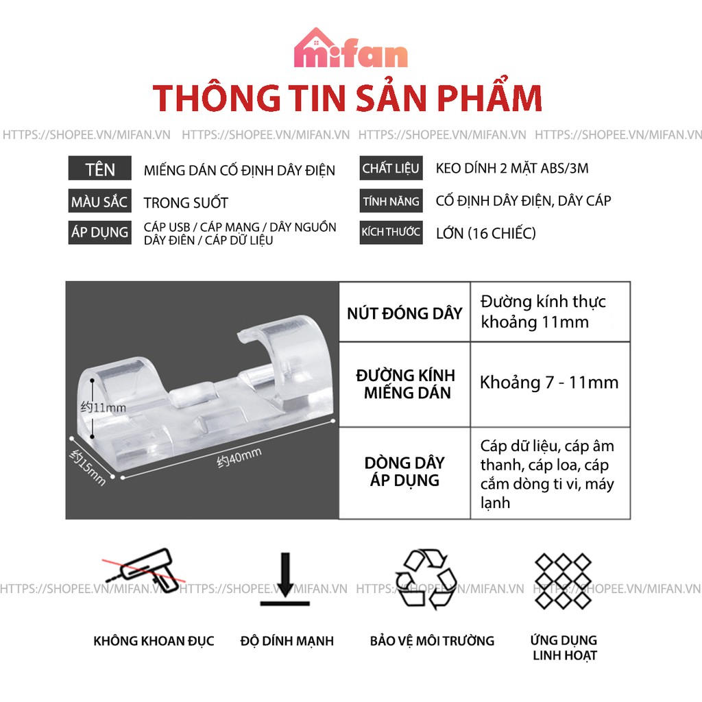 Bộ miếng dán đi dây điện 16 cái cỡ to kẹp 2-3 dây - Kẹp cố định dây điện dán tường - Kẹp giữ dây điện, cáp mạng - MIFAN