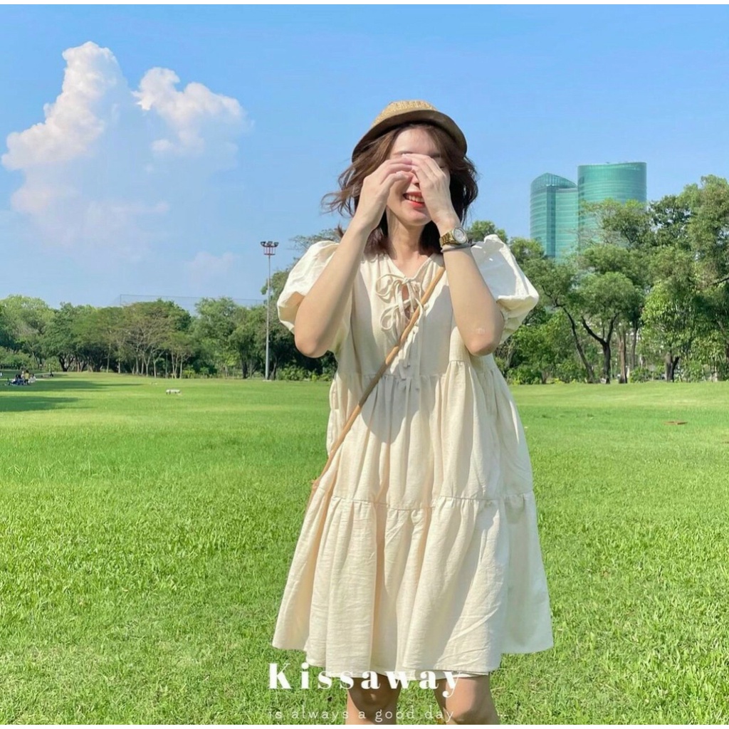 váy babydoll nữ cộc tay buộc dây ngực, đầm nữ ngắn vải đũi siêu dễ thương