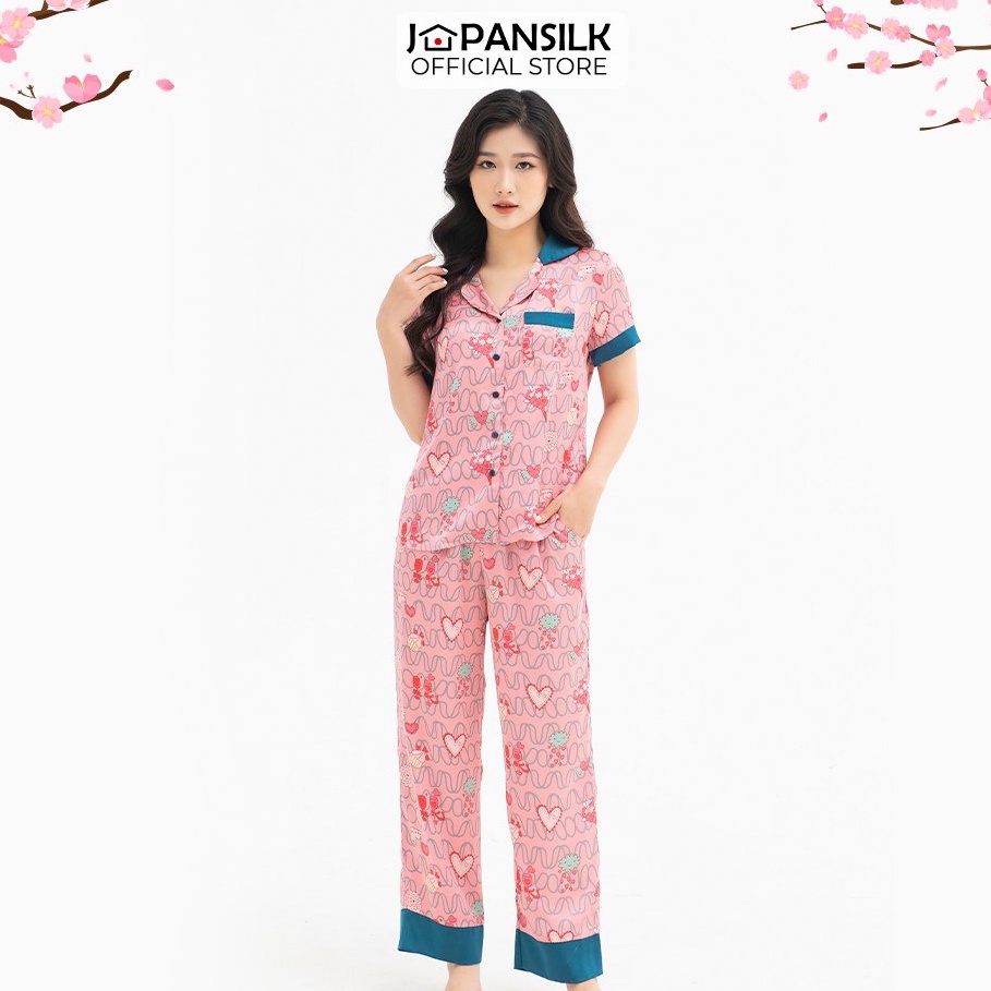 Đồ Ngủ Lụa Satin Nhật Pijama Ngắn Tay Mặc Nhà Họa Tiết Sóng Đáng Yêu JAPAN SILK Chính Hãng CD007 CD014