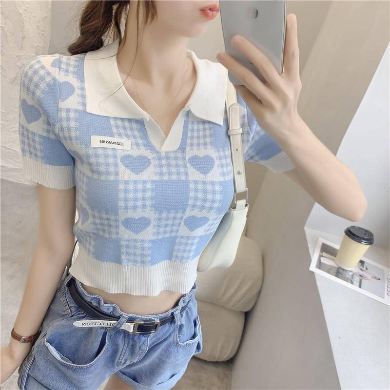 Áo Thun polo Ngắn Tay Dệt Kim Mỏng Ôm Dáng Họa Tiết Sọc Ca Rô Thời Trang Mùa Hè Cho Nữ