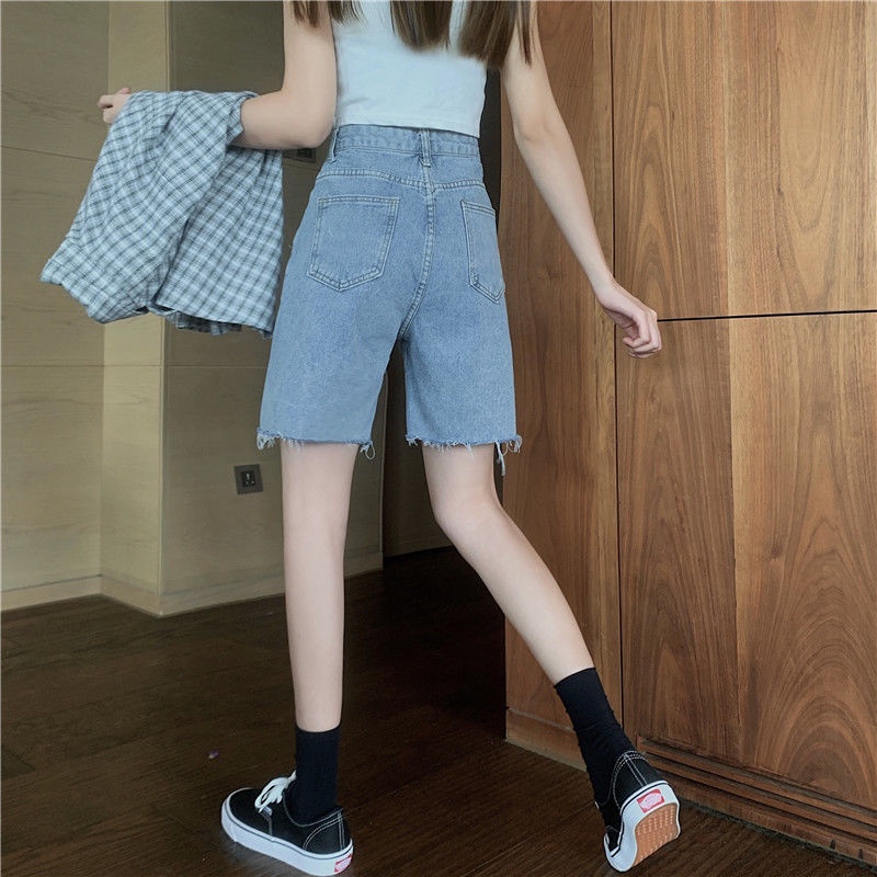 COZOK Quần Short denim Lưng Cao Ống Rộng Phối Rách Kiểu Hàn Quốc Cá Tính