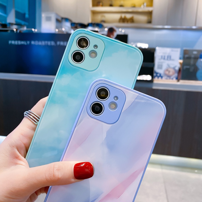 【Có Logo】Ốp điện thoại kính cường lực hình vuông cho iPhone 13 Pro Max 11Pro Xs Max XR X 12Pro 7 8 Plus