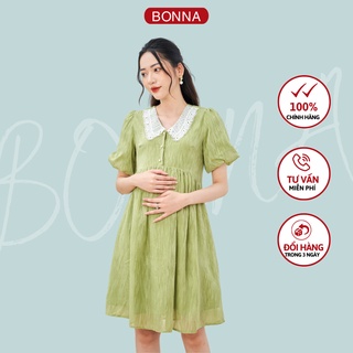 Váy bầu mùa hè BONNA dáng suông babydoll trẻ trung, chất tằm gân nổi sang trọng, nhẹ mát gam màu xanh bơ hot trend VS159