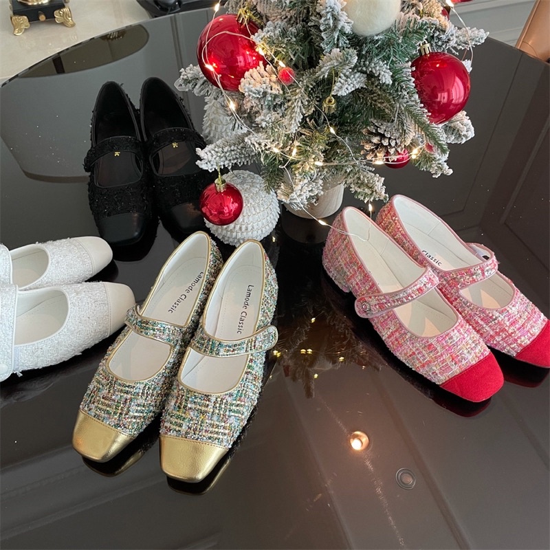 Giày búp bê dạ tweed bọc mũi gót 3cm-ORD