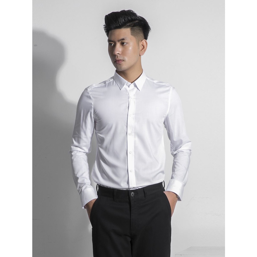 Áo Sơ Mi Nam Dài Tay ARISTINO ALSR08 Somi Công Sở Cao Cấp Màu Trắng Trơn Vải Sợi Tre Mềm Mát Dáng Ôm Không Túi