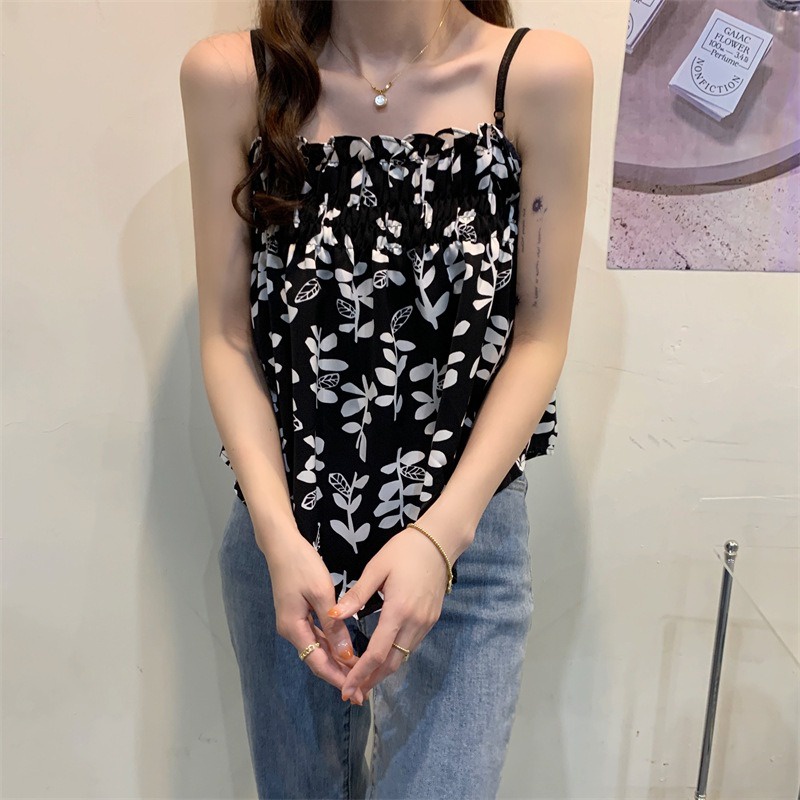 Áo Hai Dây Dáng Ngắn In Họa Tiết Lá Cây Phong Cách Pháp Thời Trang Mùa Hè Mới Cho Nữ