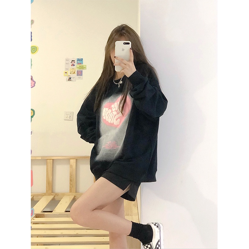 Xiaozhainv Áo Thun Tay Dài Cổ Tròn In Hình Trái Tim Màu Đen Dễ Thương Cá Tính Dành Cho Nữ | BigBuy360 - bigbuy360.vn