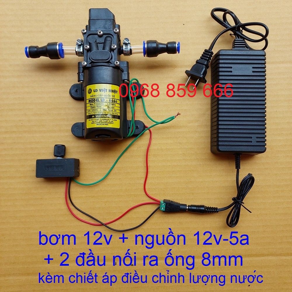 Bơm phun sương mini 12v, bộ nguồn adapter 12v-5a, chiết áp điều chỉnh tốc độ, máy bơm tăng áp