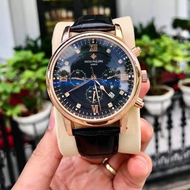 Đồng hồ đeo tay Nam Patek philippe dây da mềm thời trang chạy full 6 kim mặt kính chống xước chống nước