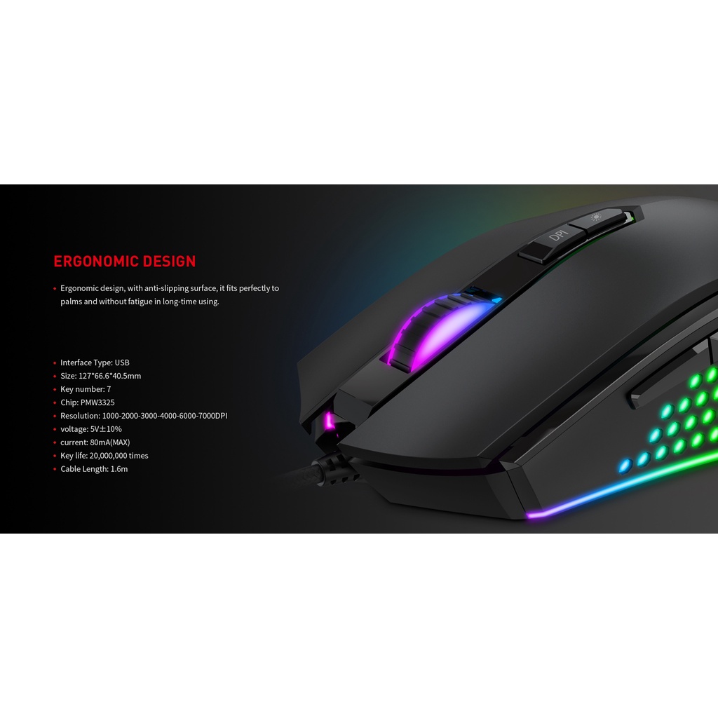 Chuột Gaming Có Dây Havit MS814/ 7 Chế Độ/ 7000DPI / Led RGB/ 20 Triệu Lần Nhấp Chuột - Hàng Chính Hãng