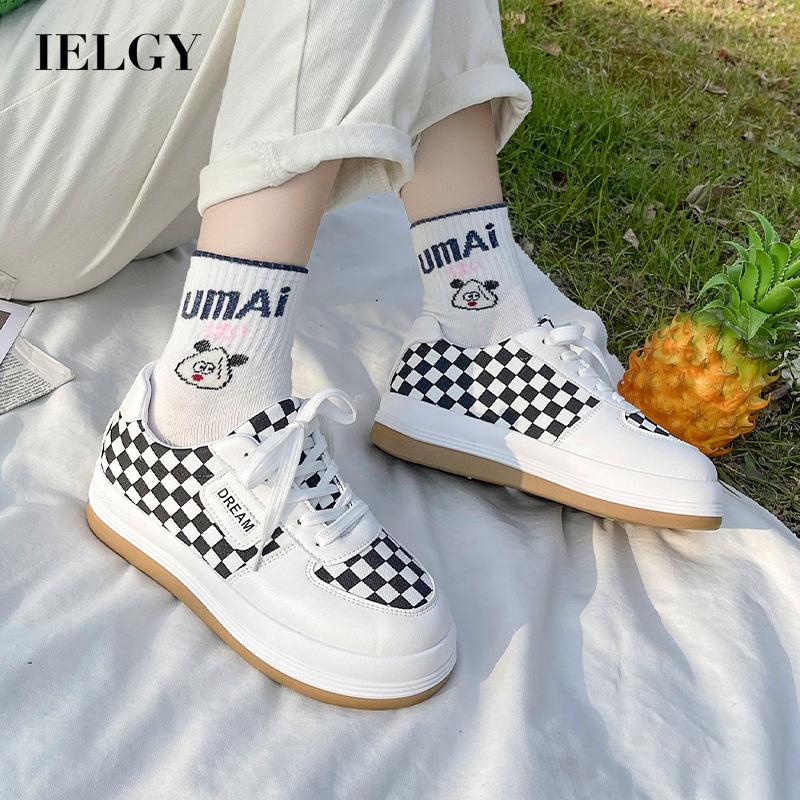 IELGY Giày Thể Thao Mũi Tròn Họa Tiết Caro Trắng Đen Phong Cách Nhật Bản Cho Nữ