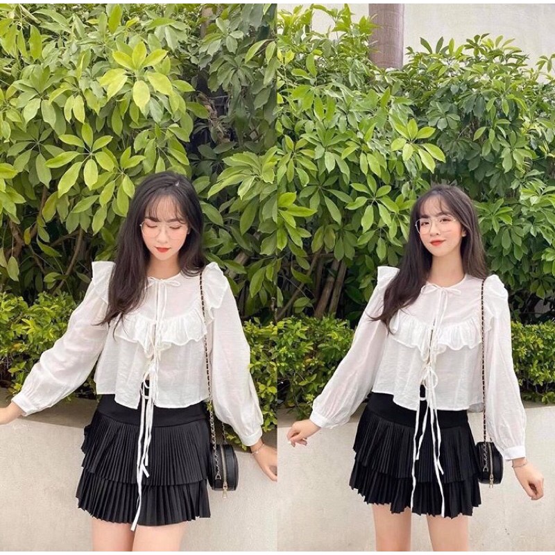 áo croptop viền bèo trắng tay dài phồng thắt nơ (ảnh thật)
