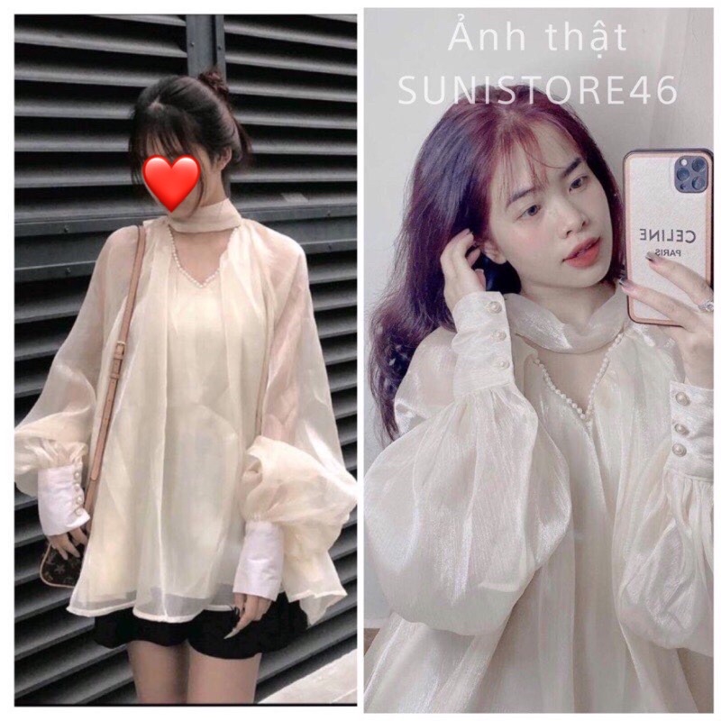 đọcmô tả)Áo voan tơ bồng ulzzang bánh bèo tiểu thư đính ngọc tay phồng nơ mặc được 2 kiểu - Áo dấu quần voan kiếng 2 lớp