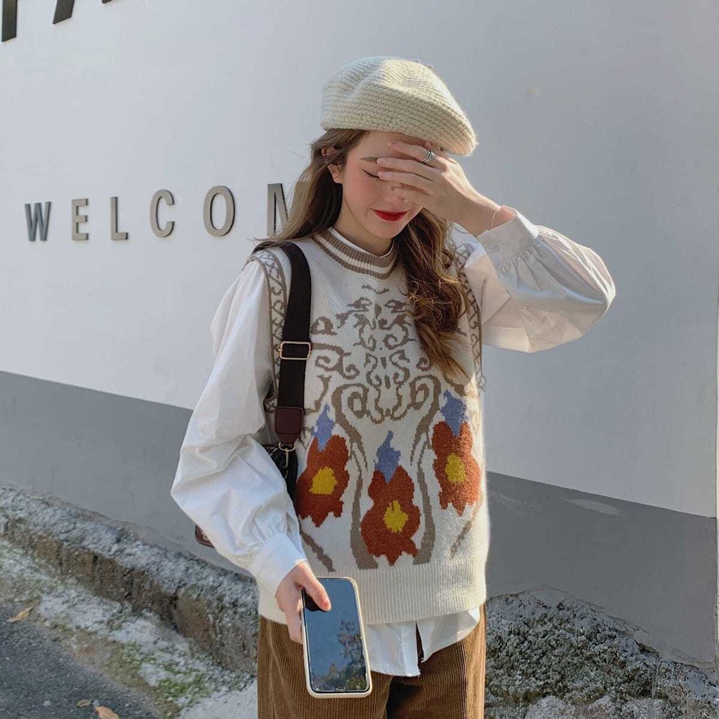 [ÁO SÁT NÁCH] Áo Gile Nữ Họa Tiết Thổ Cẩm, Áo Len Nữ Mix Cùng Sơ Mi Siêu Trendy | BigBuy360 - bigbuy360.vn