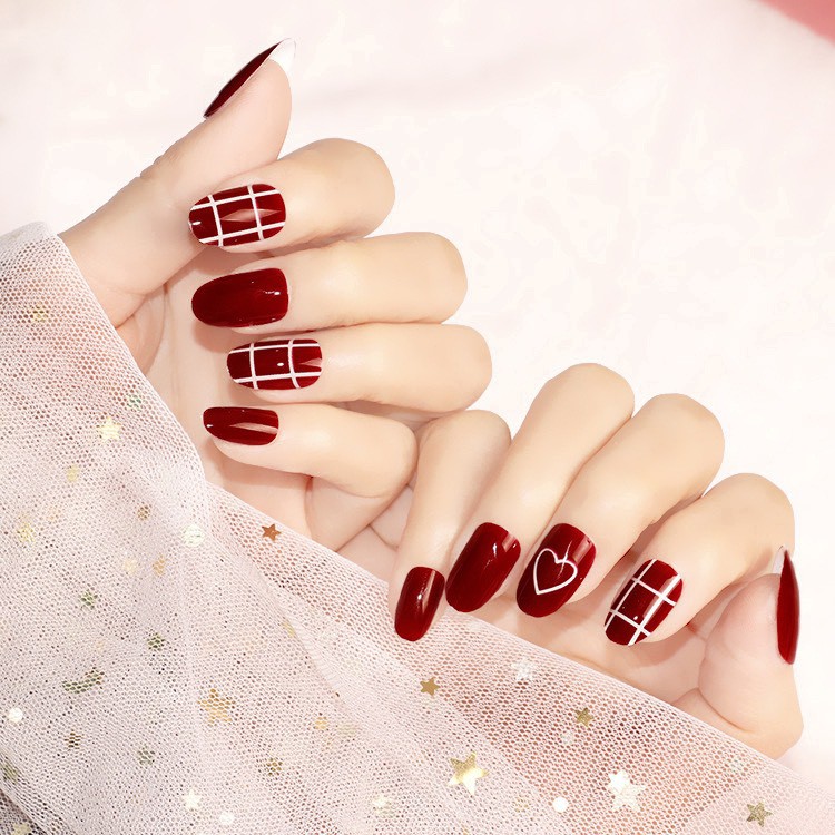 Set 24 móng tay giả đẹp trang trí họa tiết 3D dễ thương kèm keo AK