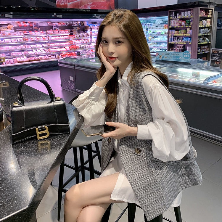 Set Áo Sơ Mi Tay Phồng Form Rộng Họa Tiết Sọc Caro Phối Với Áo Vest Không Tay Thời Trang Trẻ Trung  tao bao