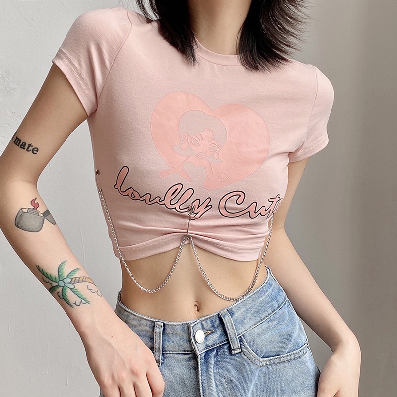 Áo Thun Tay Ngắn Cổ Tròn In Chữ Phối Dây Xích Thời Trang Cá Tính Cho Nữ