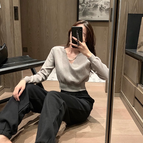 Cocory vn Áo croptop tay dài cổ chữ V dáng ôm vừa vặn phong cách hàn quốc thời trang cho nữ 3 màu tùy chọn