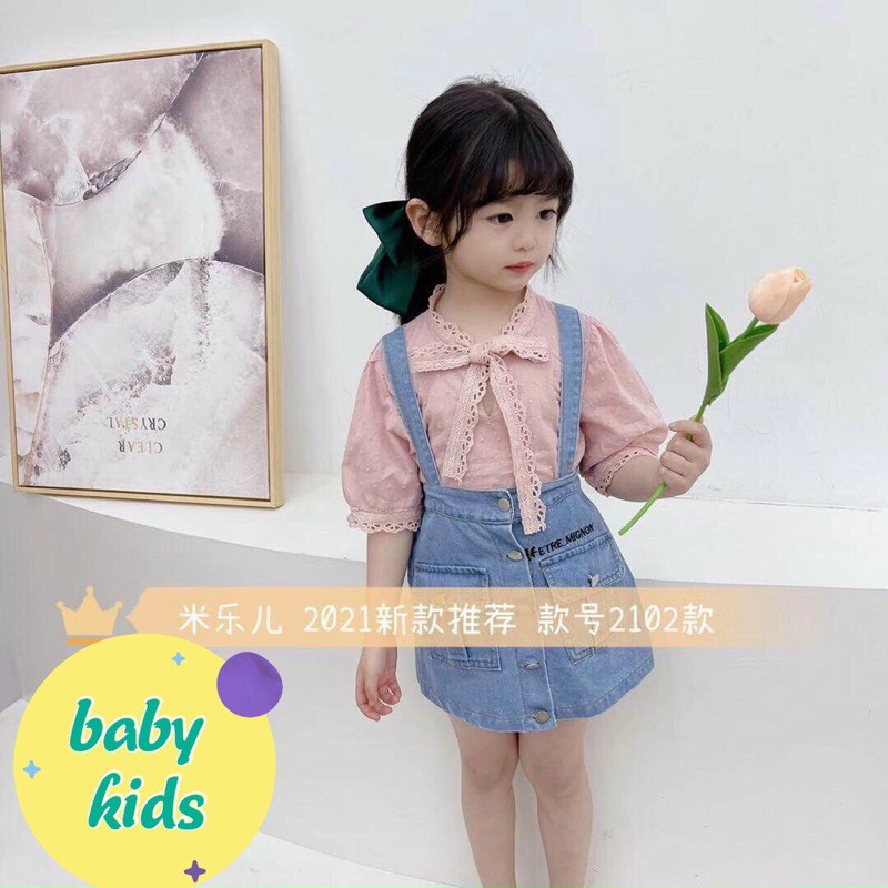 (tổng kho sỉ hy ) sét bộ áo sơ mi tay lỡ phối váy bò jean mềm cho bé(10-22kg)