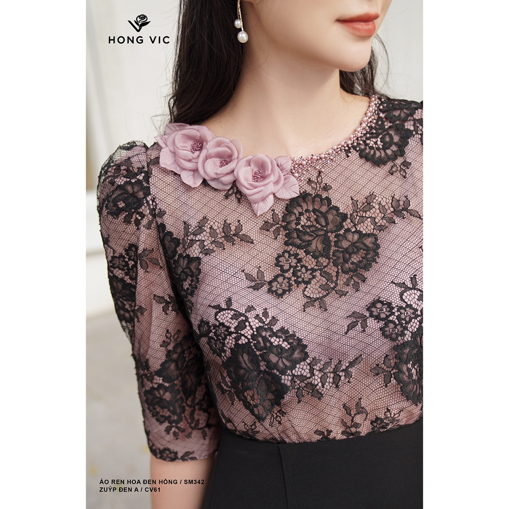 Áo nữ thiết kế Hong Vic ren hoa đen hồng SM342