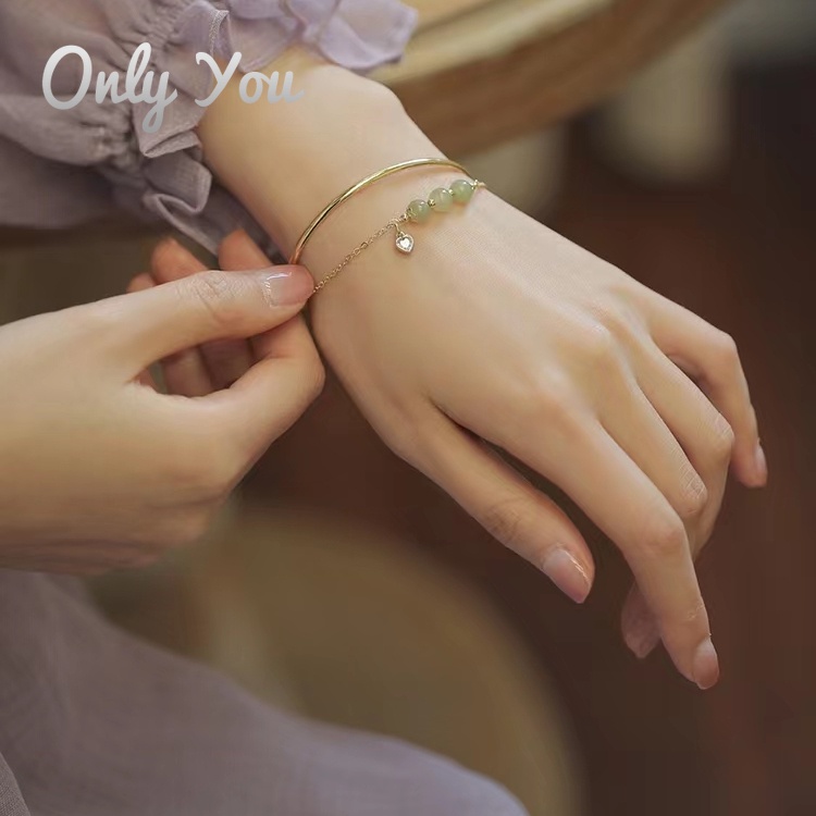 Vòng Tay Hai Lớp Mạ Vàng 18K Đính Đá Ngọc Bích Phong Cách Retro Sang Trọng