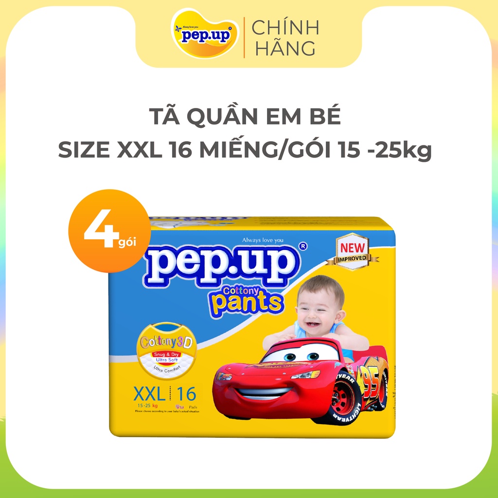4 gói Tã Quần Em Bé Pep.up Cottony  size XXL  (16 Miếng/Gói) cho bé từ 15 đến 25kg