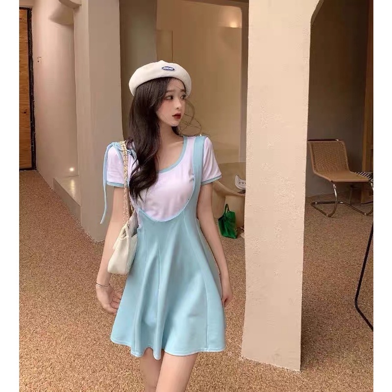 Xả Kho :  váy xếp ly yếm phôi áo trắng bộ đi chơi học sinh Đầm ôm siêu tôn dáng cotton mát đẹp mới V039