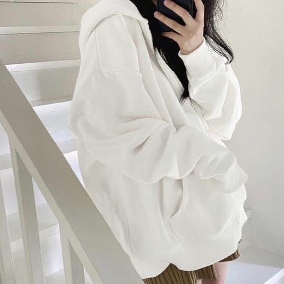 Áo Khoác Nỉ Nữ Trơn Mũ To 2 Lớp Có Túi Trước Áo Hoodie Nỉ Kéo Khóa Tay Phồng Freesize Dáng Rộng