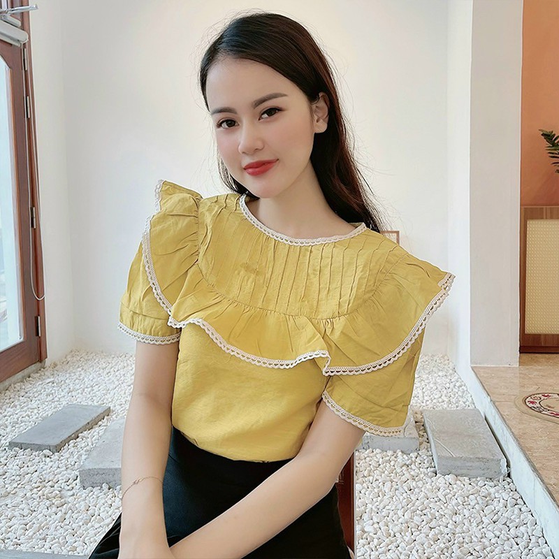 Áo Sơ Mi Nữ Kiểu Chất Đũi Ngắn Tay Cổ Tròn Bèo Ren - 6 Màu Xanh Đen Vàng Nâu Be Trắng - Hanlly Fashion Thời Trang - A14